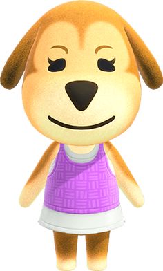 a cartoon dog wearing a purple dress and smiling