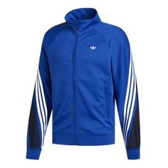 adidas originals Solid Color Logo Stand Collar Athleisure Casual Sports Jacket Blue FM1523 (Men's) Relaxed Fit Sportswear Activewear With Three Stripes, Casual Adidas Activewear For Spring, Urban Style Track Jacket For Sports, Technical Moisture-wicking Track Jacket For Streetwear, Casual Hooded Activewear With Adidas Logo, Adidas Moisture-wicking Track Jacket, Adidas Moisture-wicking Sportswear Track Jacket, Moisture-wicking Track Jacket For Streetwear, Three Stripes Relaxed Fit Activewear For Sports