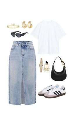 Denim Skirt Outfit, Looks Adidas, Casual Sporty Outfits, Stylish Outfits Casual, Adidas Samba Outfit, Samba Outfit, Denim Skirt Outfits, Everyday Fashion Outfits, Neue Outfits