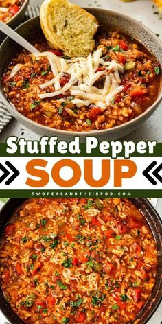 stuffed pepper soup in a bowl with bread on the side