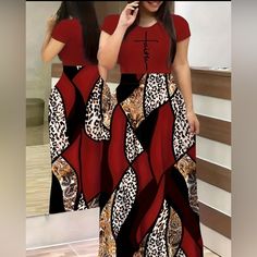 Plus Size Casual Dress, Women's Plus Colorblock Leopard & Paisley & Letter Print Short Sleeve Round Neck Maxi Dress Casual Red Patchwork Maxi Dress, Street Style Women Casual, Dress Streetwear, Short Sleeve Maxi Dress, American Casual, Drape Sleeves, Floral Fit, Sleeve Maxi Dress, Fashion Elegant