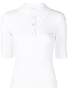 White cotton short-sleeve cotton polo shirt from ROSETTA GETTY featuring polo collar, short sleeves, stretch-design and straight hem. Luxury Classic Short Sleeve Polo Dress, Luxury Fitted Polo Dress With Short Sleeves, Luxury White Polo Shirt With Signature Stripes, Luxury Short Sleeve Polo Shirt With Buttons, Luxury Women's Short Sleeve Polo Dress, Affordable White Short Sleeve Shirt With Pockets, Luxury White Relaxed Fit Polo Shirt, Luxury Short Sleeve Women's Polo Dress, Luxury White Formal Polo Shirt