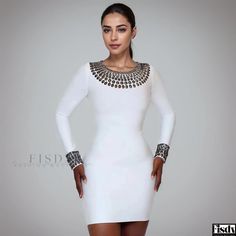 Fisdy - Stylish Long-Sleeve Bodycon Dress with Round Neckline and Embellished Studs Basic Skirt, Wrap Around Skirt, Sleeve Bodycon Dress, Long Sleeve Bodycon Dress, Long Sleeve Bodycon, Types Of Skirts, Olivia Mark, Stretchy Fabric, Types Of Collars