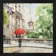 a painting of a woman holding an umbrella in front of the eiffel tower