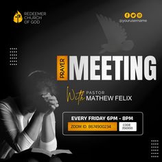 a flyer for a meeting with a man praying