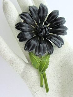 1960s Large Enameled Black Flower Brooch 3-3/4" - shopgoodwill.com Mushroom Species, Character Inspo, Black Flower, Online Thrift, Online Thrift Store, Flower Brooch, Used Clothing, Thrift Store