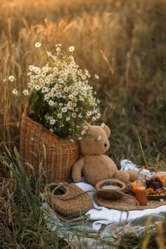 a teddy bear sitting on top of a blanket next to a basket filled with food