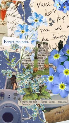 a collage with blue flowers and pictures on it, including a polaroid camera