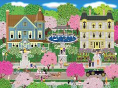 a painting of people walking and riding bikes in front of houses with flowers on the trees