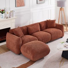 a living room with a large brown couch