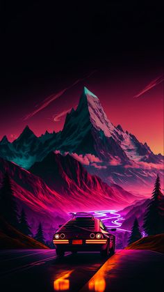 a car driving down the road at night with mountains in the background and neon lights