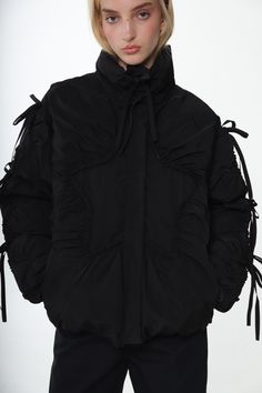 Puffer jacket in BlackFeatures gathers throughoutZipper closure at frontPockets at sides Oversized fit, order a size down for a more fitted lookModel is 5'9 and wearing a size S Size Length Chest Waist XS 25 1/2" 47" 46 1/2" S 26" 49" 48 1/2" M 26 1/2" 51" 50 1/2" L 27" 53" 52 1/2" XL 27 1/2" 56" 55 1/2" 100% PolyesterImported Size Guide + Shipping Info Monthly payments available at checkout with Affirm. Oversized Puffer Jacket, Layering Jacket, Anti Fashion, Monthly Payments, Unique Jackets, Uniform Dress, Knit Outerwear, Sandy Liang, Favorite Daughter