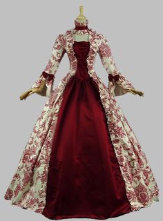 Georgian Victorian Gothic Period Dress Historical Medieval Reenactment Stage Theatre Costume Marie Antoinette Dresses, Masquerade Ball Gown, Antoinette Dress, Long Fitted Dresses, Court Dresses, Period Dress, Victorian Costume, Flare Sleeve Dress, Floral Robes