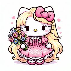 a hello kitty doll holding a bouquet of flowers in her hand and wearing a pink dress