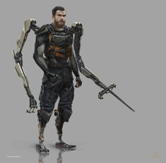 a man in futuristic armor holding two swords