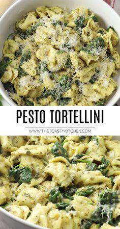 two pictures of pasta with spinach and pesto in a white casserole dish