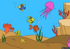 an underwater scene with fish and jellyfish