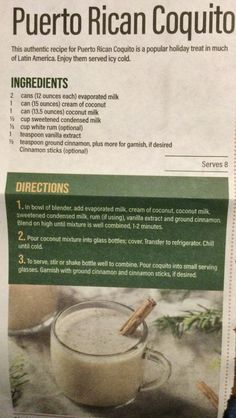 a recipe for mexican coquito is shown in the newspaper, with instructions on how to make it