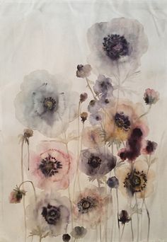 an abstract painting of flowers on a white background