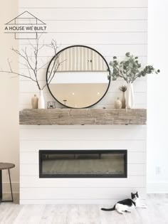 a black and white cat laying on the floor in front of a fireplace with a round mirror above it