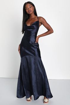 Sweet Endeavors Navy Blue Satin Jacquard Cowl Neck Maxi Dress Liquid Dress, Navy Blue Satin Dress, Floral Satin Dress, Cowl Neck Maxi Dress, Navy Blue Bridesmaids, Dress Satin Bridesmaid, Blue Satin Dress, Classy Prom, Sage Green Dress