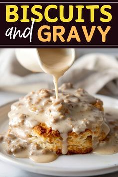 biscuits and gravy is being drizzled on top of a plate