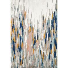 an abstract painting with blue, yellow and white colors on the bottom half of it