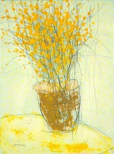 a vase filled with yellow flowers sitting on top of a white table next to a wall