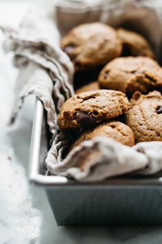 chocolate chip cookies in a metal pan on a table