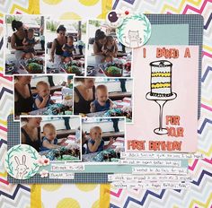 a scrapbook page with an image of a baby's first birthday cake on it