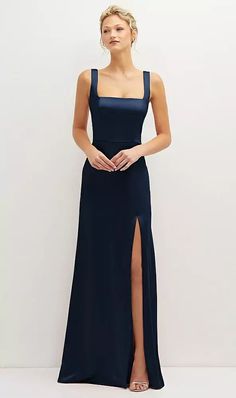 Square-neck Satin A-line Maxi Bridesmaid Dress With Front Slit In Midnight Navy | The Dessy Group Square Neck Line Bridesmaid Dress, Square Neck Spaghetti Strap Dress, A Line Dress Bridesmaid, Dark Blue Wedding Bridesmaid Dress, Saphire Blue Bridesmaids Dresses, Square Neckline Bridesmaid Dress, Structured Bridesmaids Dresses, Classy Bridesmaids Dresses