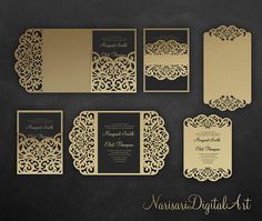 wedding stationery set with gold laser cut out and black paper on chalkboard background