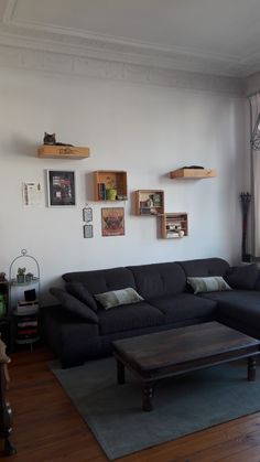 a living room with a black couch and wooden coffee table in front of a window