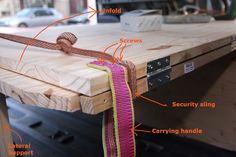 the parts of a wooden table that is being used as a workbench for sewing