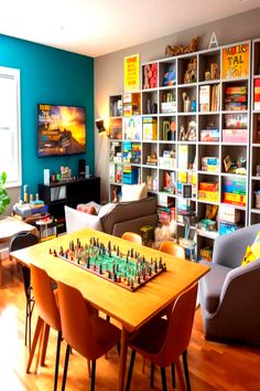 A brightly-colored game room featuring a large chessboard table, comfy chairs, and extensive board game collection on shelves. Board Game Library Room, Game Room Library, Small Board Game Room, Boardgame Room Idea, Small Game Room Ideas For Adults, Board Game Room Design, Board Game Room Ideas, Game Room Ideas For Adults, Board Game Display