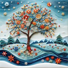 a painting of a tree with stars and swirls on it