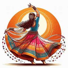 a woman dancing in front of an orange sun