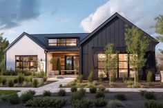 this is a rendering of a modern house in the country style with large windows and lots of greenery