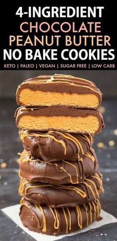 chocolate peanut butter no bake cookies stacked on top of each other with the words, 4 ingredient chocolate peanut butter no bake cookies