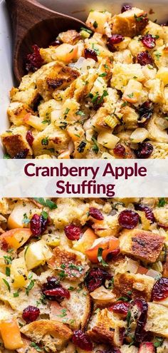 cranberry apple stuffing in a casserole dish with the title above it