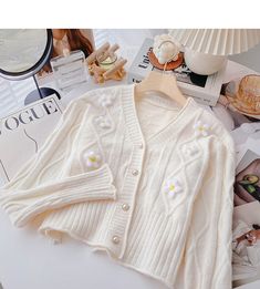 Floret three-dimensional design V-neck knitted cardigan 6475 – girlhomeshops Woolen Clothes, Knitted Cardigan, Knit Outfit, Dress Plus Size, Soft Girl, Fashion And Lifestyle, Three Dimensional, Knit Cardigan, Blouse Designs