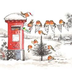 there are many birds that are flying around the mailbox in the snow and trees