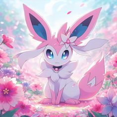 a pink and blue pokemon sitting in the middle of flowers with her eyes closed, smiling