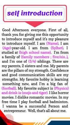 How to introduce yourself in english||self introduction in job interview||daily use english sentence,introduce yourself in interview
introduction about myself in interview
introduction of yourself in interview
interview introduction my self
self introduction for interview
self intro in interview
self details in interview
introduction interview
intro for interview
self introduction in interview for freshers
in interview how to introduce myself
my self for interview
self introduction in english Self Introduce English, School Interview Tips, Self Introduction In English For Job, Interview Vocabulary English, Job Interview Introduce Yourself, How To Write About Myself, Introduce Yourself For Job Interview, Short Introduction Of Myself, Self Introduction In English Interview