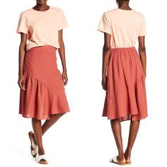 An Asymmetrical Hem Adds Movement And Flow To This Linen Blend Skirt, Perfect For A Day At The Office. Fit: This Style Fits True To Size. Size: Xl - Approx. 27" Shortest Length, 29" Longest Length - Hidden Side Zip Closure - Linen Blend Construction - Asymmetrical Hem - Imported Fiber Content 55% Linen, 45% Rayon Care Machine Wash Colors Vary On Each Device, Approximate Measurements Taken Laying Flat. This Item Comes From A Smoke Free / Pet Free Environment Casual Cotton Skirt With Asymmetrical Hem, Casual Pleated Skirt With Asymmetrical Hem, Casual Asymmetrical Hem Flowy Skirt, Casual Flowy Skirt With Asymmetrical Hem, Casual Red Bottoms With Asymmetrical Hem, Linen Skirt, Asymmetrical Hem, Asymmetric Hem, Long Length