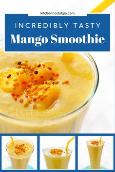 an image of mango smoothie in a glass with the text, incredible tastyy mango smoothie