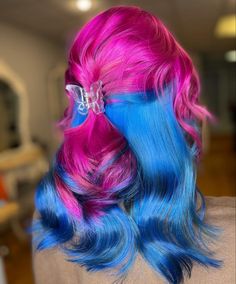 Underlayer Hair Dye, Underlayer Hair Color, Arctic Fox Virgin Pink, Hair Dye Purple, Half Up Claw Clip, Custom Color Wigs, Weird Haircuts, Blue And Pink Hair, Half And Half Hair