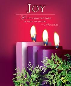 the joy from the lord is your strength christmas card with three lit candles and evergreen branches