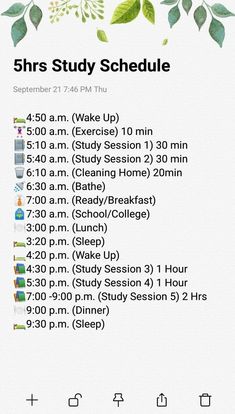 the 5hrs study schedule is displayed in this screenshote image with green leaves