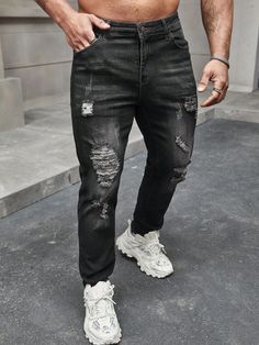 From Summer to Fall: Transitional Ripped Jeans Outfits Party Grunge, Slim Fit Ripped Jeans, Frayed Jeans, Black Party, Plain Black, Slim Fit Men, Men Clothing, Pants Outfit